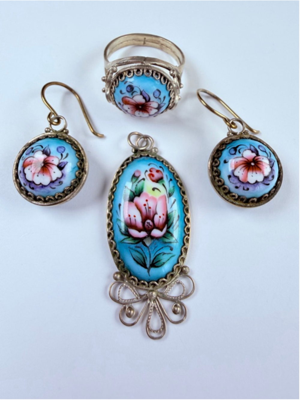 Russian Rostov Finift Handpainted Porcelain Floral Silver Ring Pendant Earrings